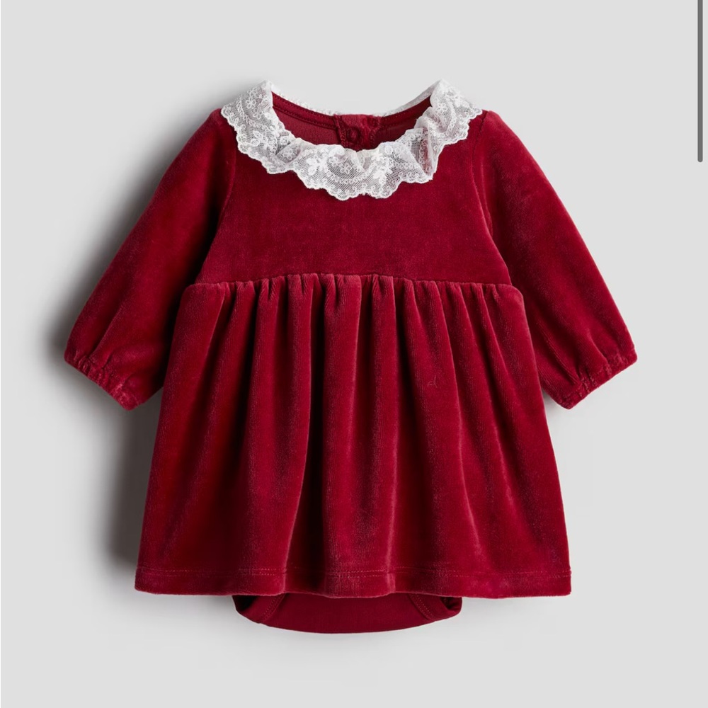H&M Red Velour Dress with White Lace Trim 6M